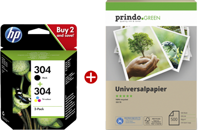 HP 304 Schwarz / mehrere Farben Value Pack + Prindo Green Recyclingpapier 500 Blatt