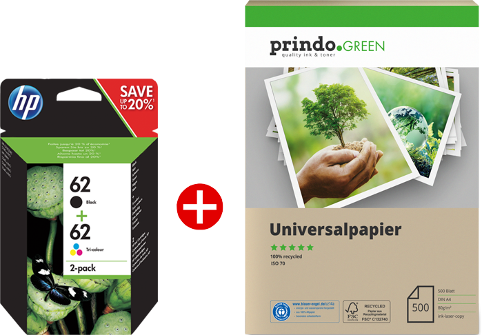 HP 62 Schwarz / mehrere Farben Value Pack + Prindo Green Recyclingpapier 500 Blatt