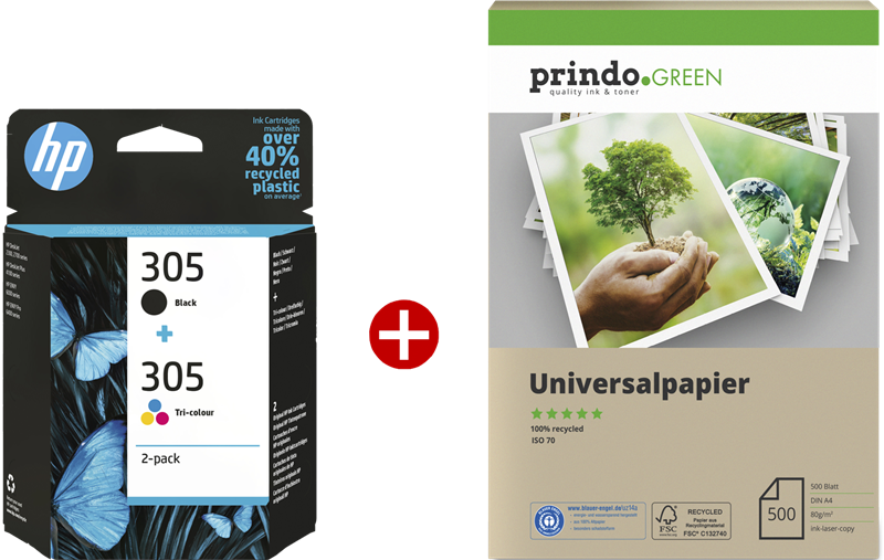 HP 305 Schwarz / mehrere Farben Value Pack + Prindo Green Recyclingpapier 500 Blatt